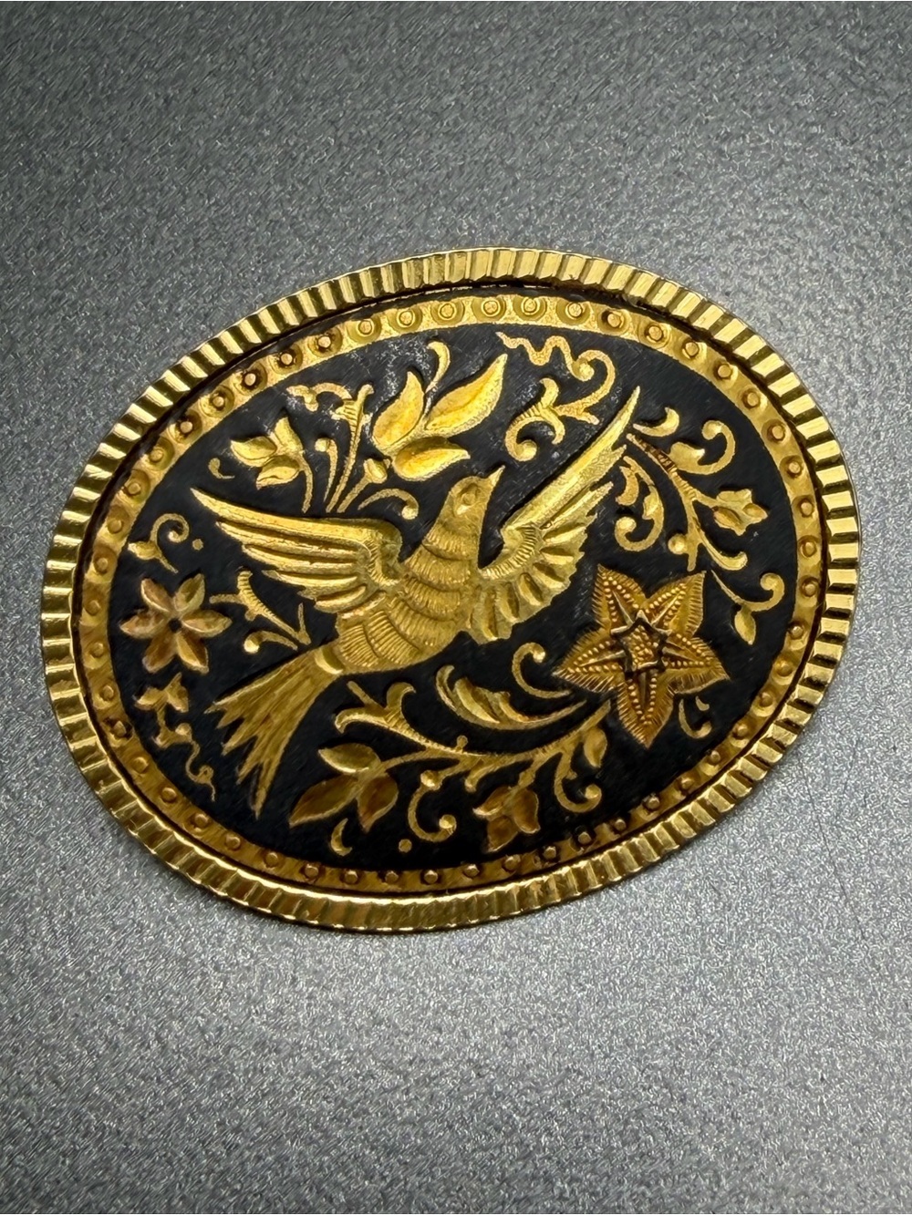 Vintage Damascene Bird Motif Oval Brooch #cz182